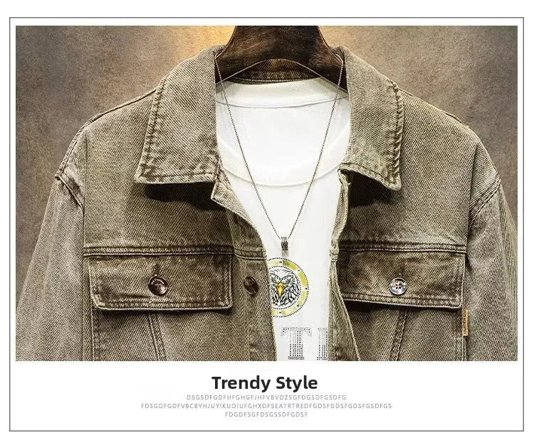 Stylish Versatile Men's Denim Jacket Autumn Spring Trendy Korean Version Casual Long Sleeve Standard Fit Outerwear Coat