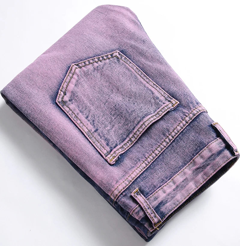 Purple Ripped Men's Jeans Spring Summer Slim Fit Straight Hole Cotton Denim Pants Distressed Destroyed Streetwear 28-40