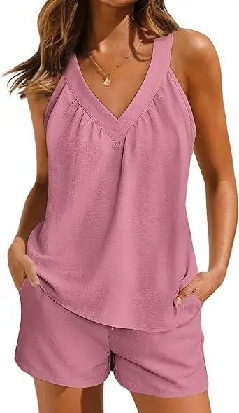 New Summer Women's 2-piece Set Pink V-neck Vest Elastic Pocket White Stylish Black Shorts Set