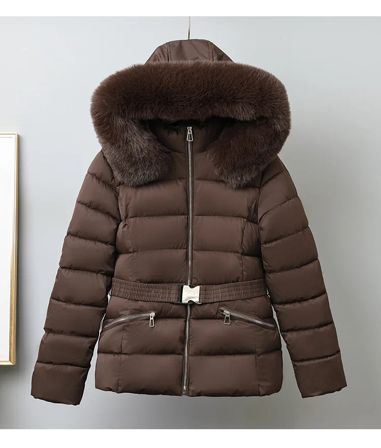 Winter Large Fur Coat Women With Belt Hooded Fur Collar Puffer Jacket Women New Warm Loose Parka Ladies Cotton Padded Overwear