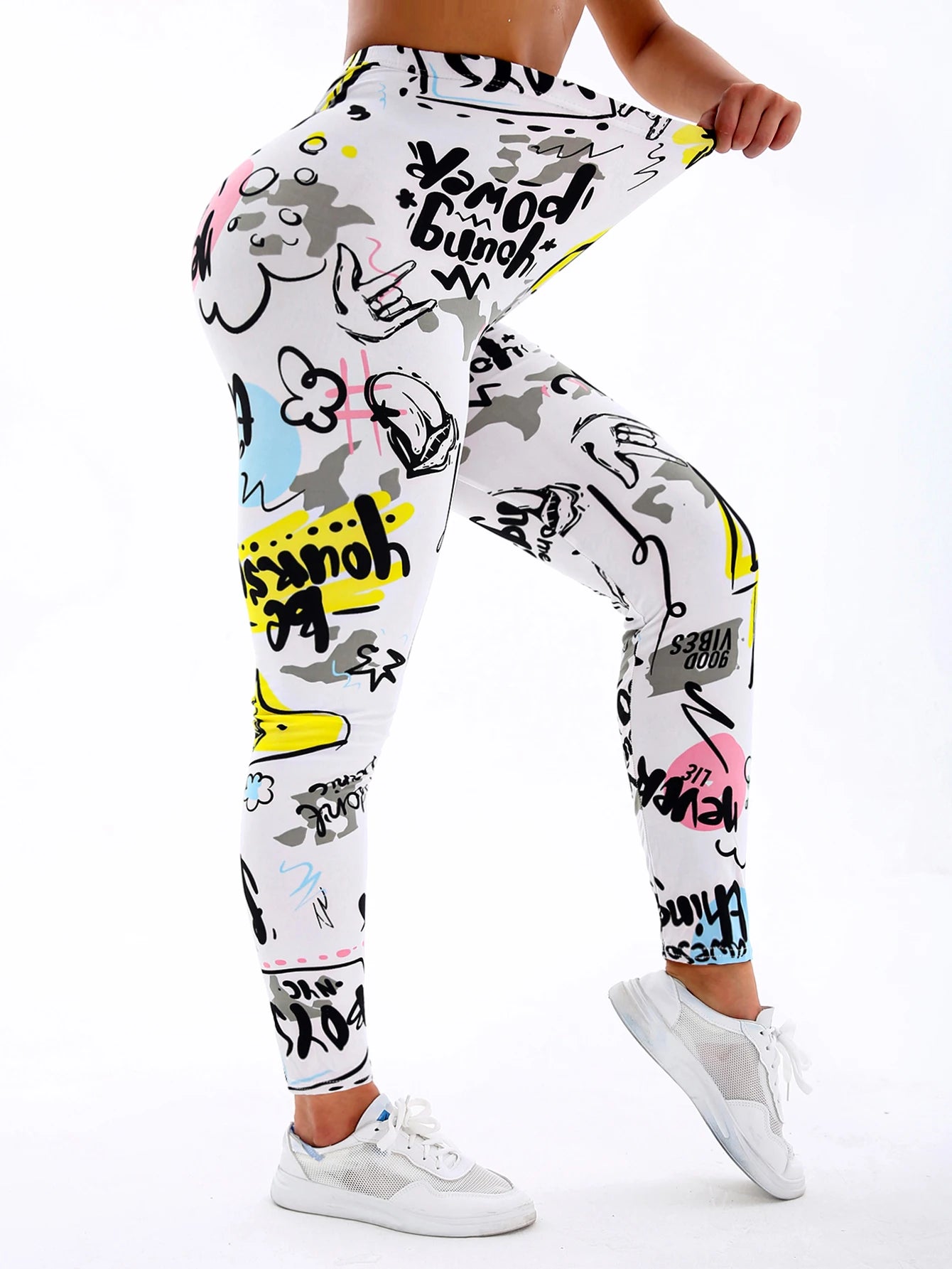 White And Yellow Letter Printed Casual Tight Pants For Women High Elasticity Fitness And Yoga Pants Sexy Nine Point Pencil Pants
