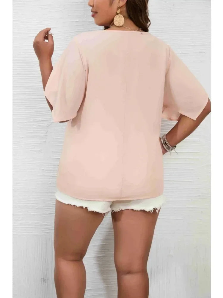 Women's Plus Size 1XL-5XL Solid Color Short Sleeve Blouse V Neck Bell Sleeve Blouse Casual Pullovers Shirt Top