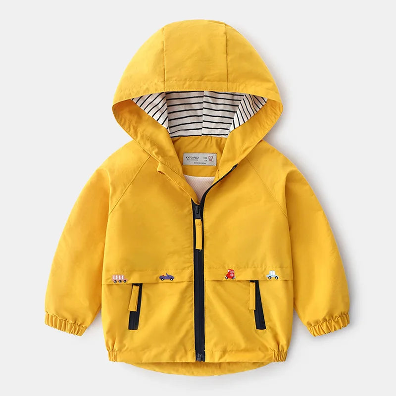 1 2 3 4 5 6 Years Spring Autumn Boys Coats Patchwork Cartoon Car Pattern Hooded Windbreaker Leisure Overcoat For Kids