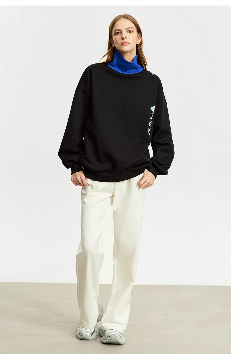 AMII Minimalist Preppy Style Embroidery Sweatshirt Women 2024 Autumn Lazy Loose Spliced Turtleneck Velvet Pullovers 12333011