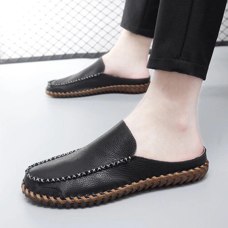 Plus Size 38-48 Handmade Mules Mens Backless Loafers Slippers Half Shoes For Men Slide Closed Toe Sandals Semi-Drag Casual Shoes
