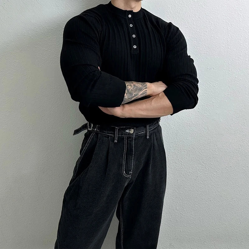 Autumn Clothing Men's Light Luxury Knit Korean Popular Henry Collar T-shirt Button-down Long Sleeve Retro Leisure Knitwear