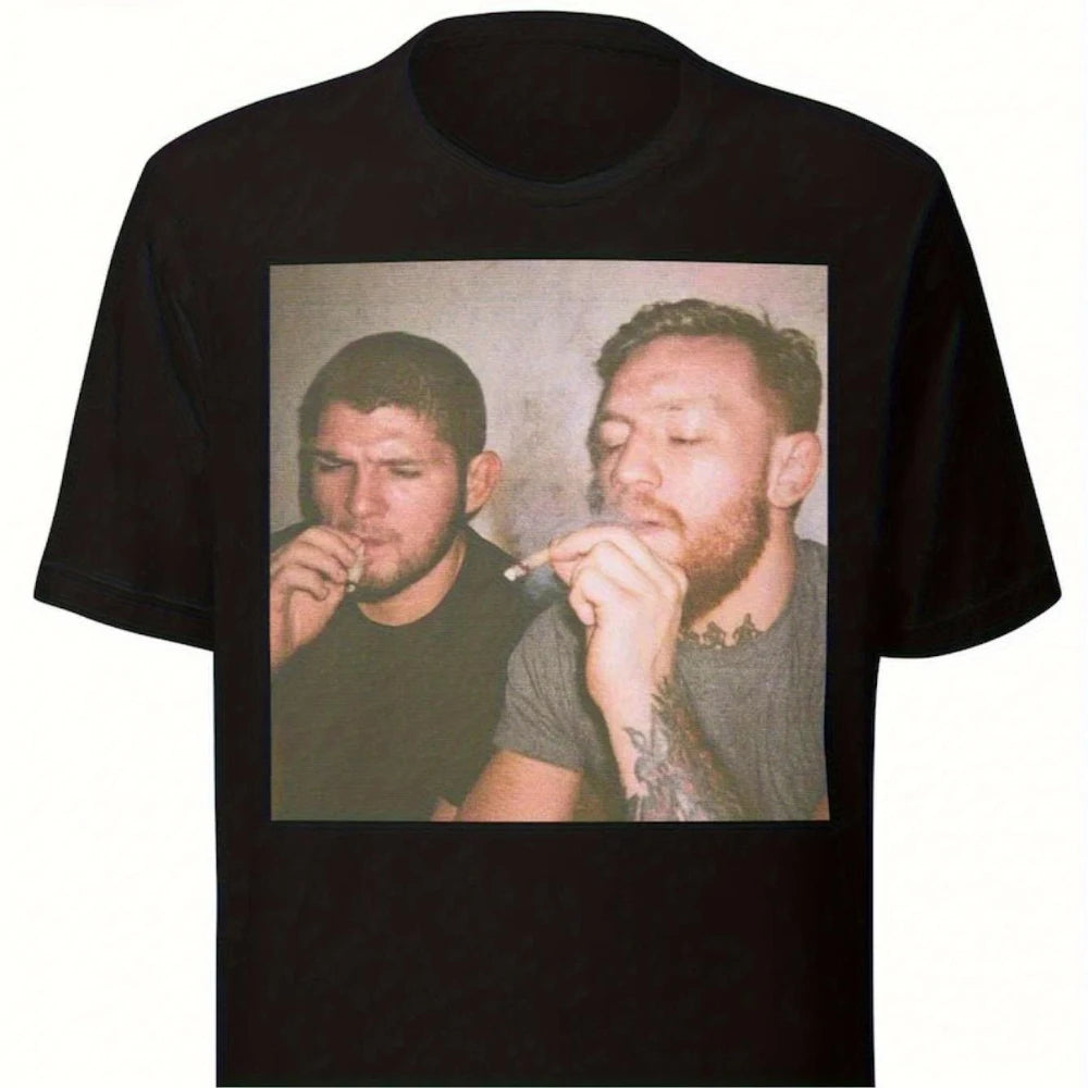 New T-Shirt Showcasing A Funny Design of Khabib and Conor It Comes in Black with A Crew Neck Short Sleeves This Playful Design