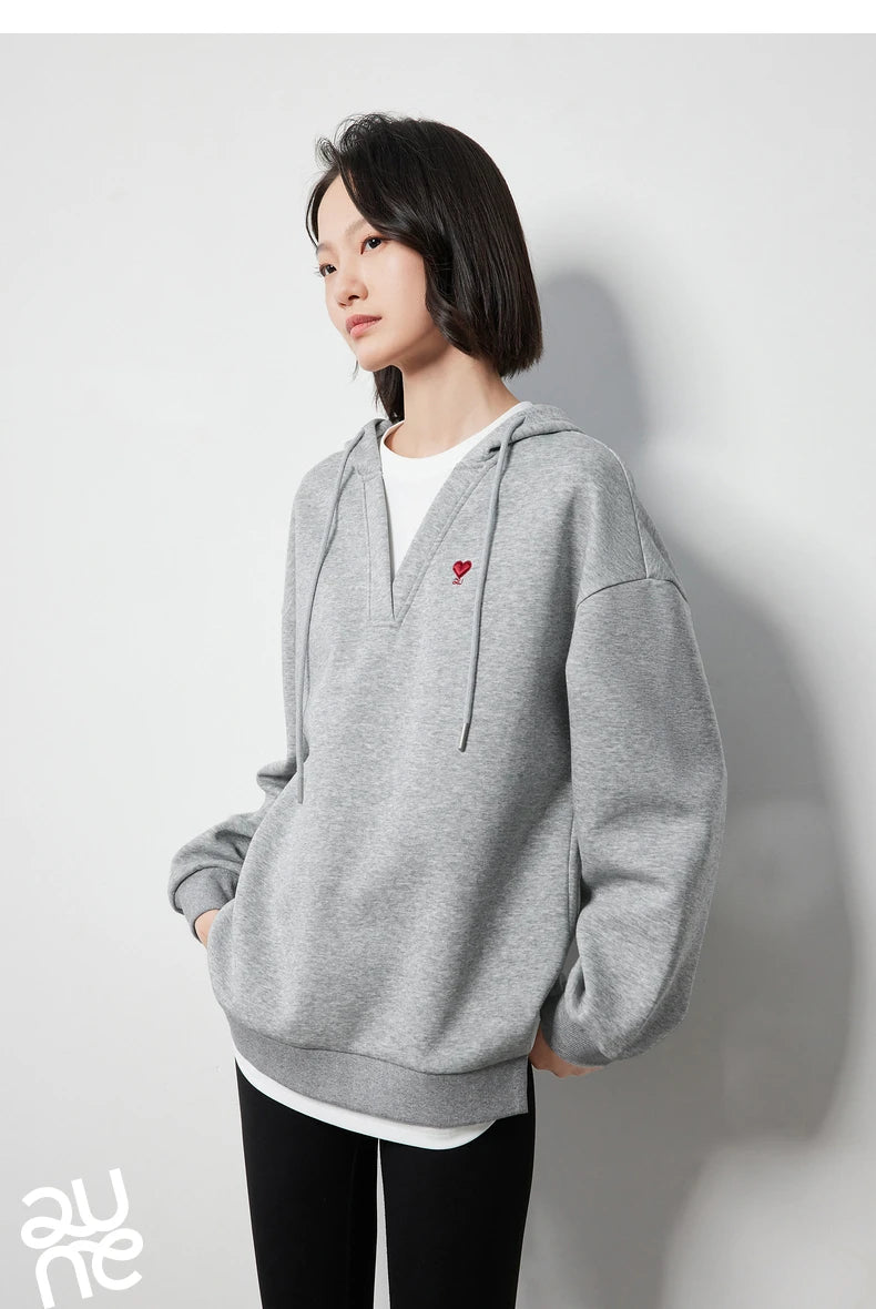 TOYOUTH Women Hoodies Sweatshirt 2024 Autumn New Heart Patter Embroidery Fake Two Piece Hooded Pullover Tops