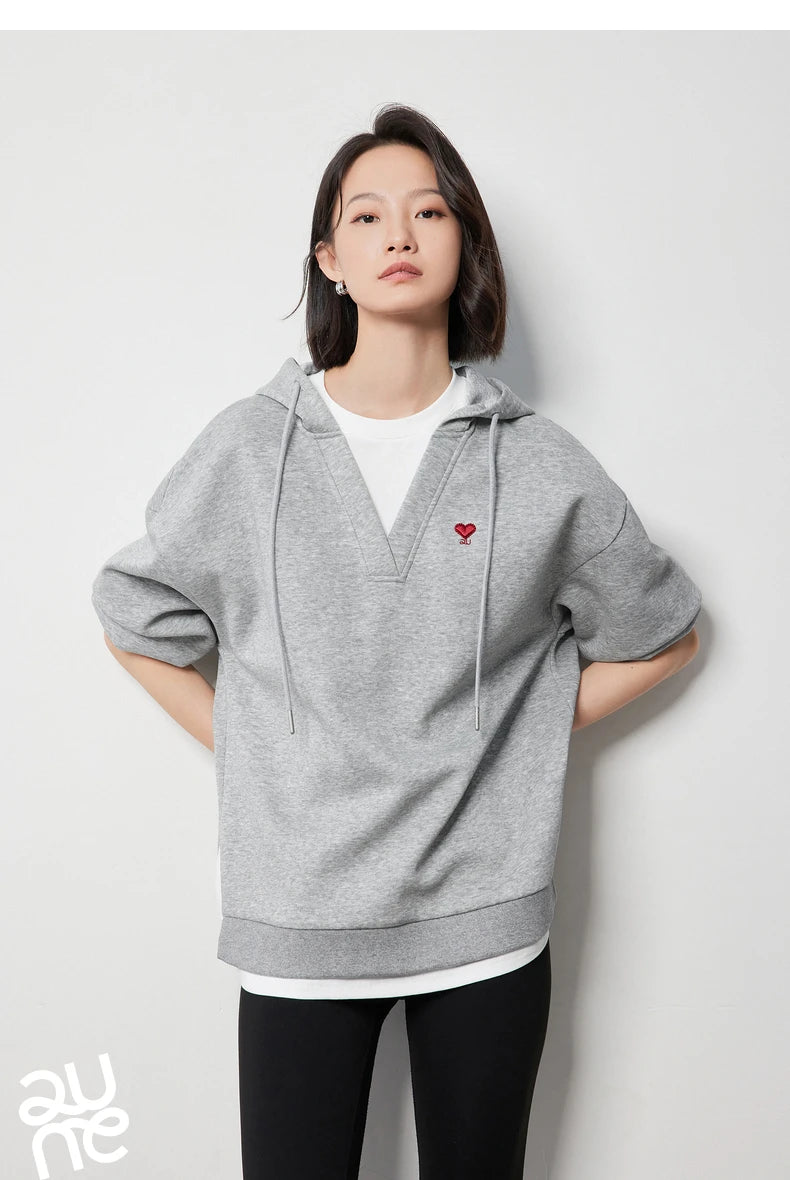 TOYOUTH Women Hoodies Sweatshirt 2024 Autumn New Heart Patter Embroidery Fake Two Piece Hooded Pullover Tops