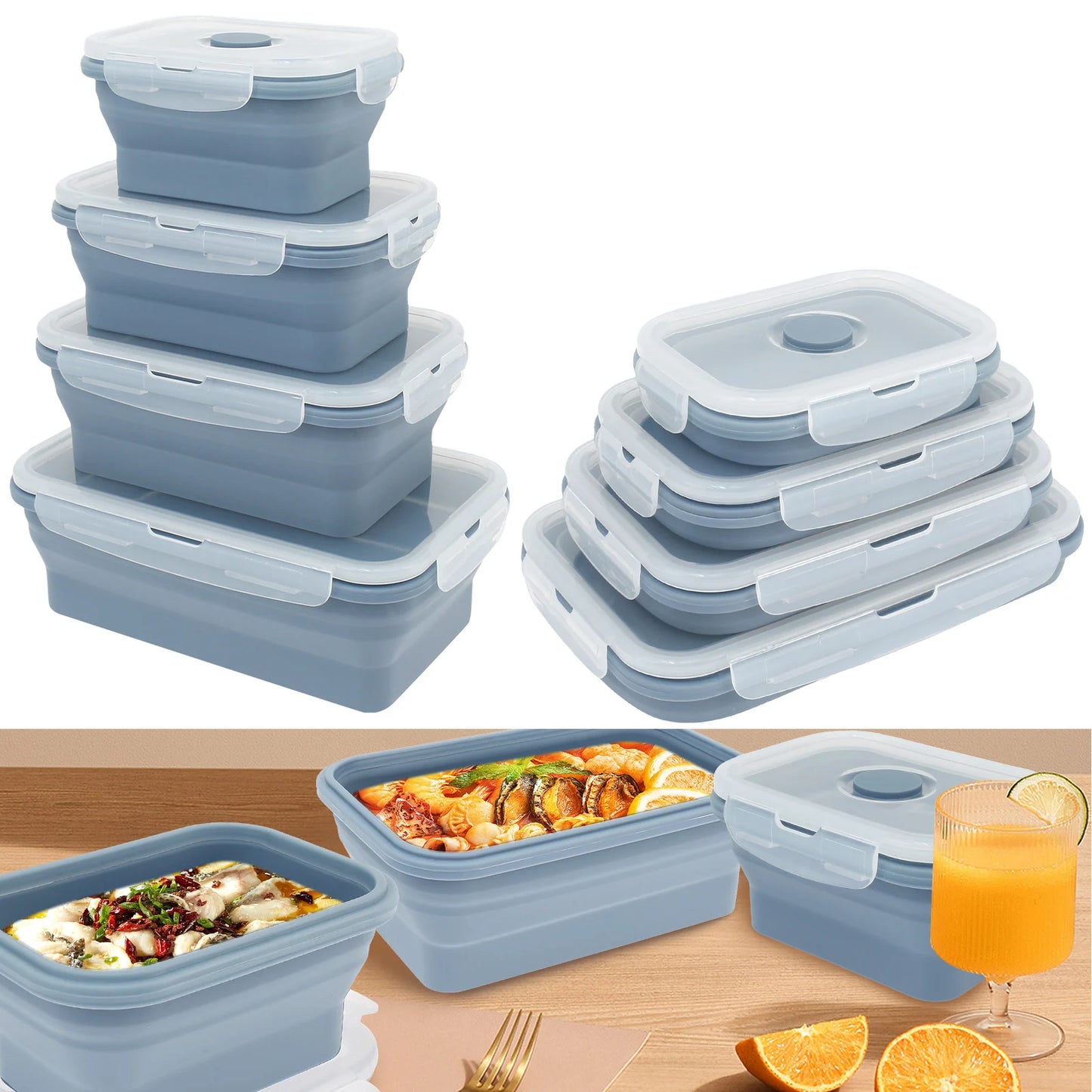 4Pcs Silicone Food Storage Container Temperature Resistant Lunch Meal Prep Container Microwave Safe Food Box Collapsible