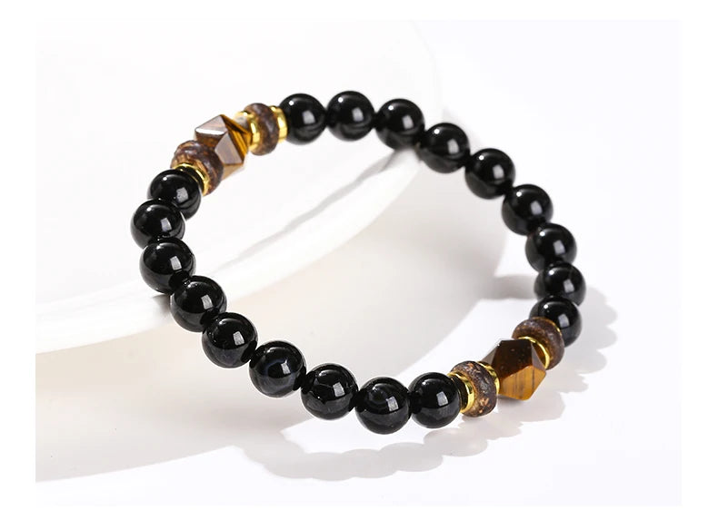 JD Natural Stone Black Agate Yellow Tiger Eye Faceted Bead Strand Bracelet Women Men Bohe Style Yoga Healing Energy Jewelry