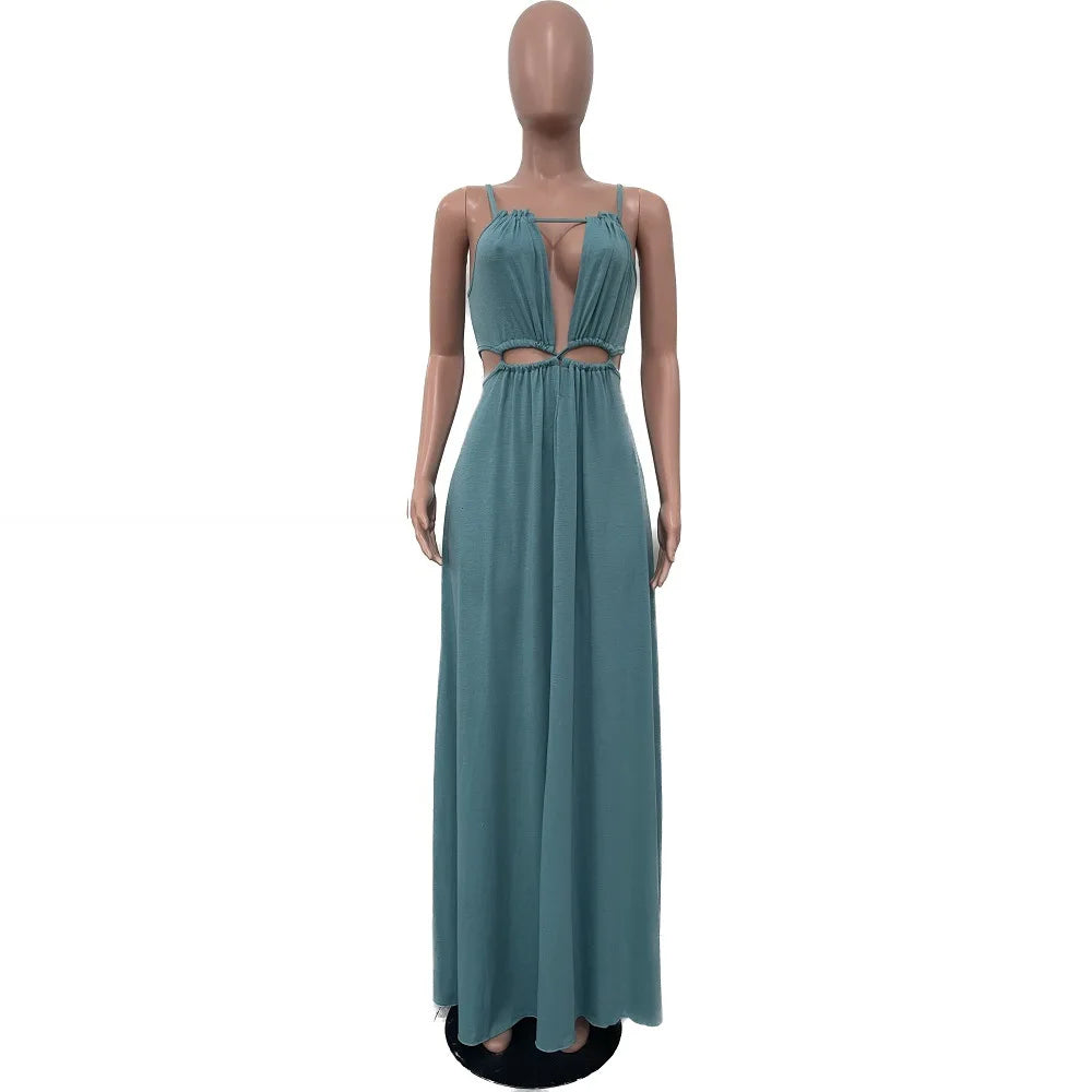 2025 Women's Dress Summer Holiday Solid Long Dresses Sexy Drawstring Lace Up Sleeveless Vestidos Para Mujer Club Party Outfits