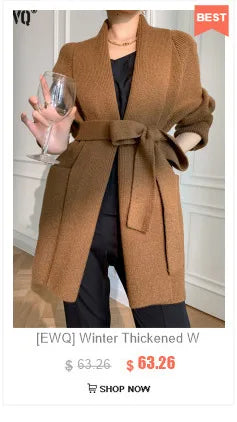 [EWQ] Khaki Fashion Woolen Coat With Belt Women Long Sleeve Elegant Lapel Wool Jacket Outwears 2025 Autumn Winter New 16U5035