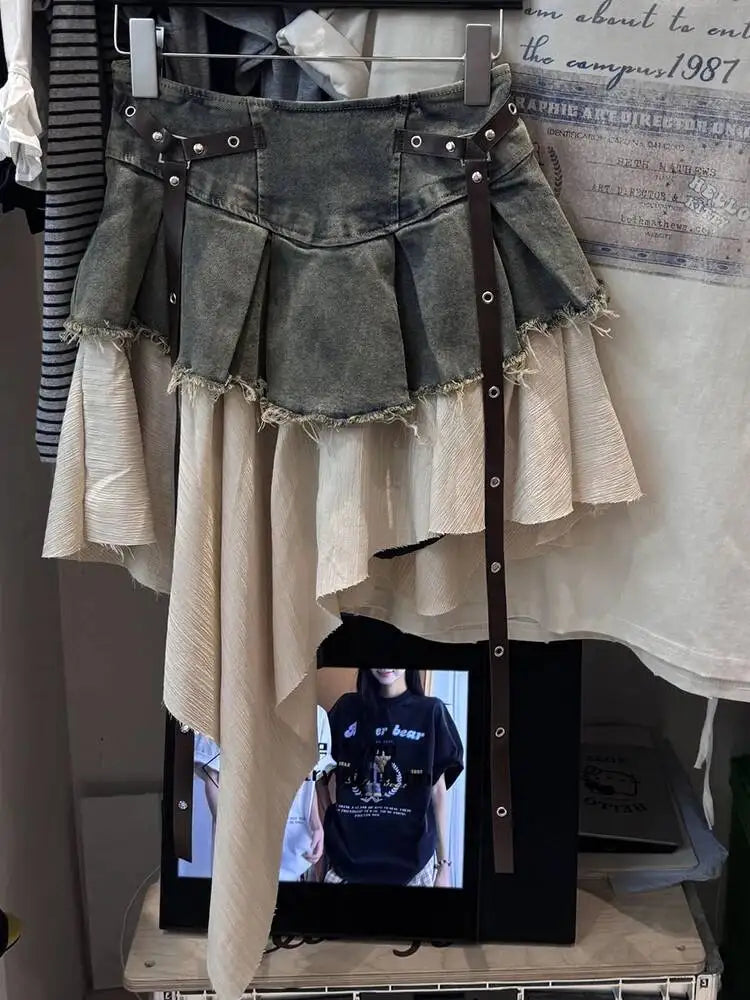 EAM Color-block Irregular Spliced High Elastic Waist A-line Mini Denim Skirt Women Fashion Tide New Spring Autumn 2026 30A3307