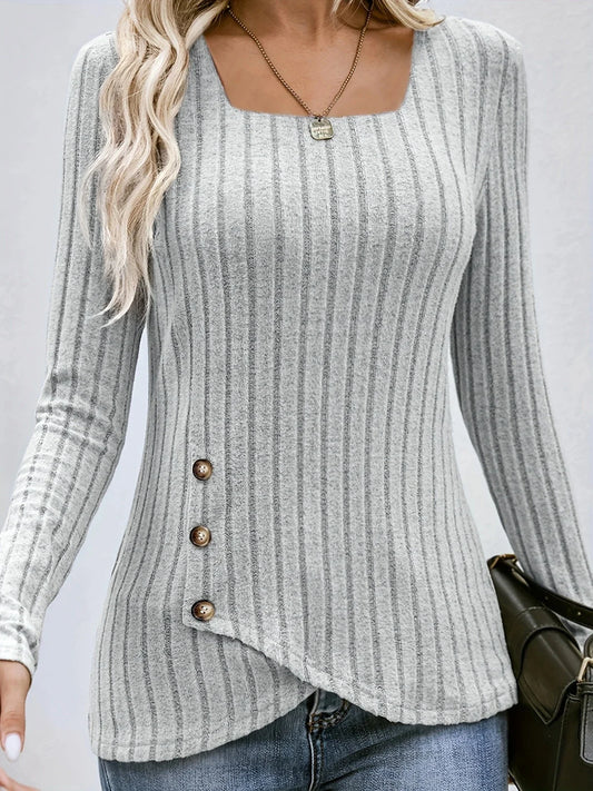 Square Neck Solid Ribbed Button DecorT-Shirt Casual Long Sleeve Top For Spring & Fall Women's Clothing