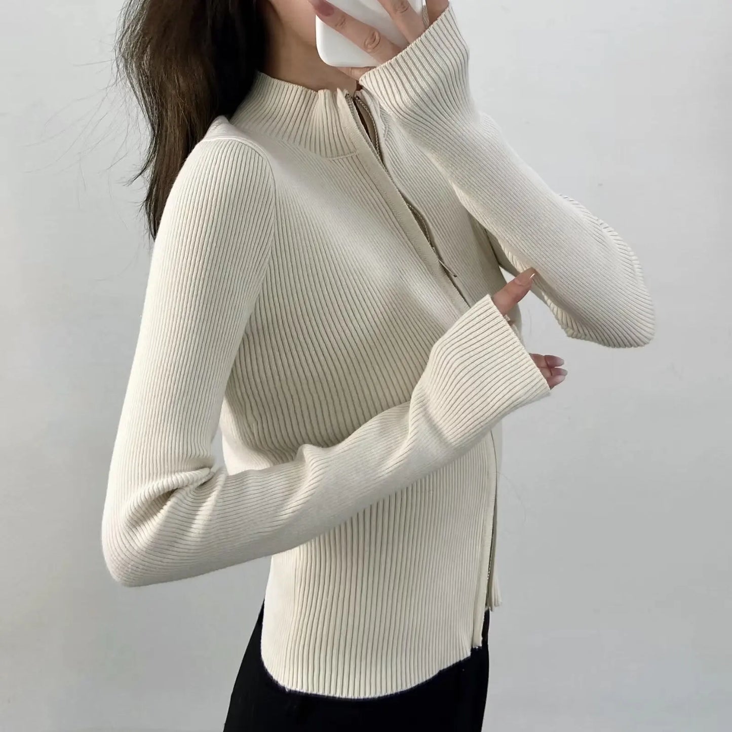 Slim Fit American Style Knitted Cardigan Women's Double Zipper Open Front Pure Desire Autumn Fashion Outerwear BM Style