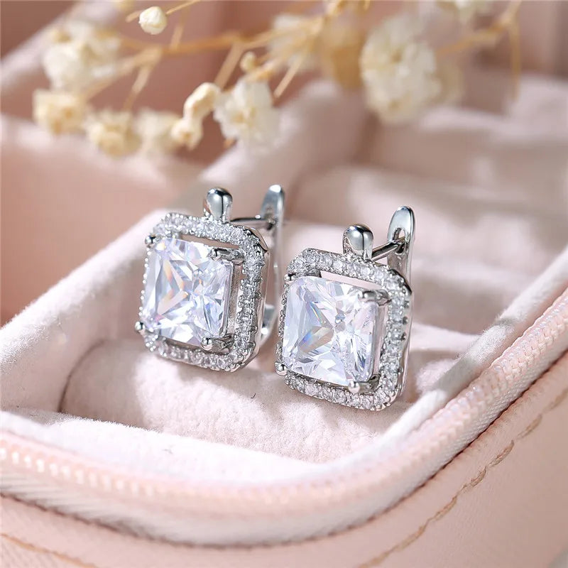 Female Luxury Green Square Zircon Stone Clip Earrings Charm Silver Color Wedding Jewelry For Women