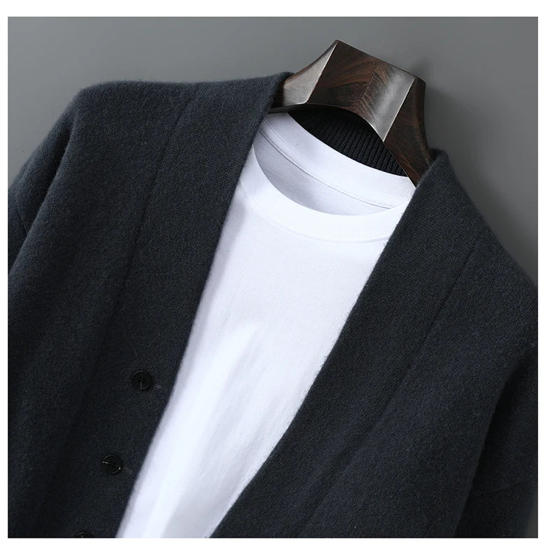 2025 Autumn Winter New Thick Cardigan 100% Pure Wool Men's Versatile Jacket V-Neck Loose Casual Highend Knitted Cashmere Sweater