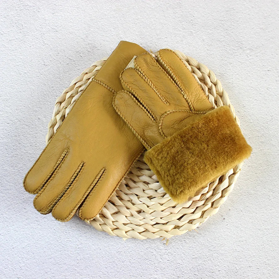 Winter Thickened Children's Sheepskin Fur Gloves Boys and Girls Windproof Warm Students Cold-Proof Leather Finger Gloves