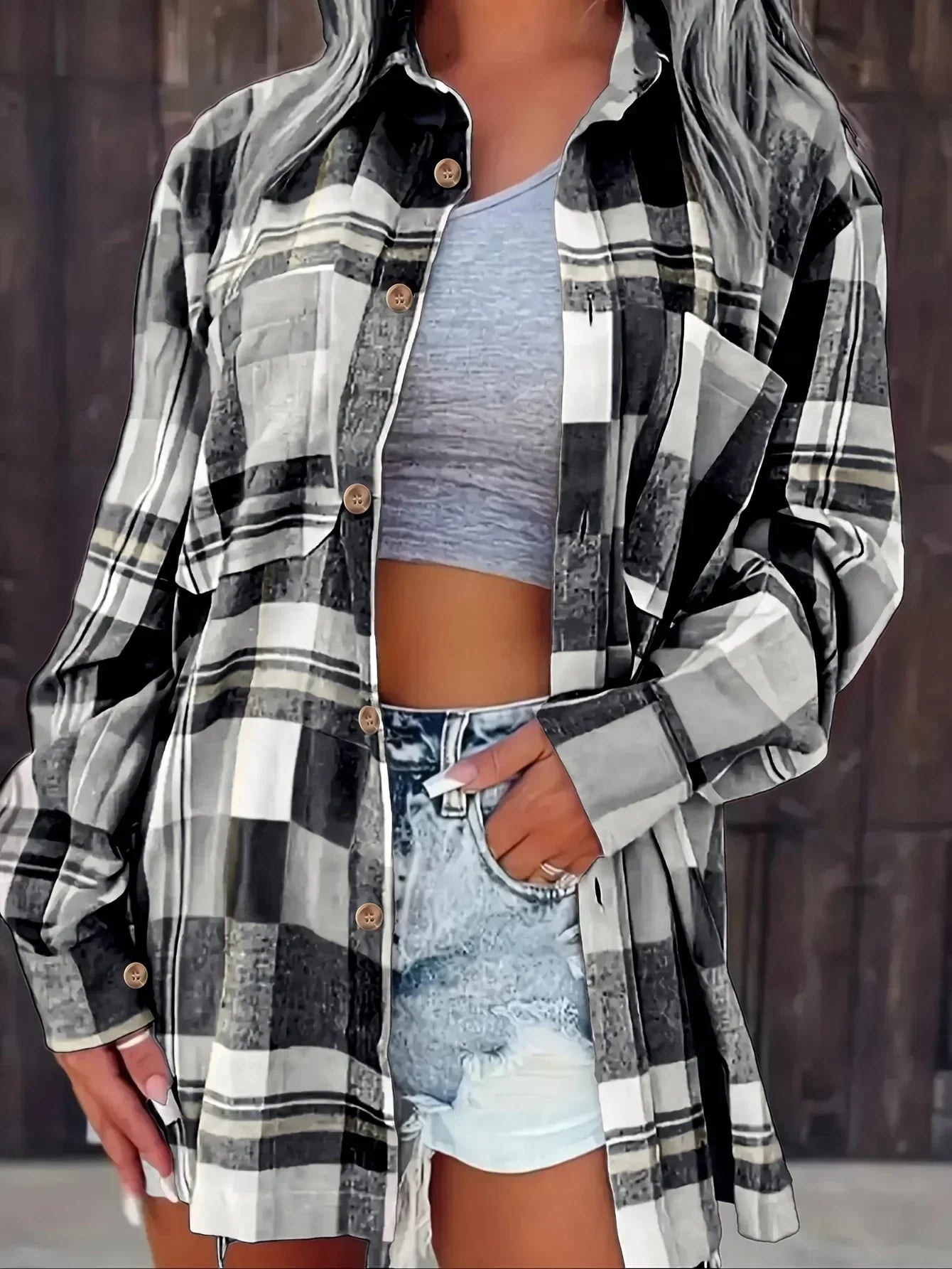 Plus Size Women Fashion 1XL-5XL Plaid Printed Shirt Casual Loose  Lapel Design Shirt Tops Long Sleeved Shirt
