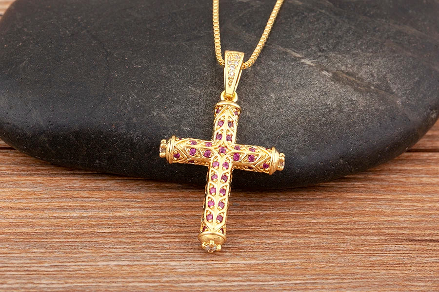 Nidin New Arrival Retro Column Shape Cross Pendant Necklace For Female Male Irregular Geometric Shine Zircon Jewelry Accessories