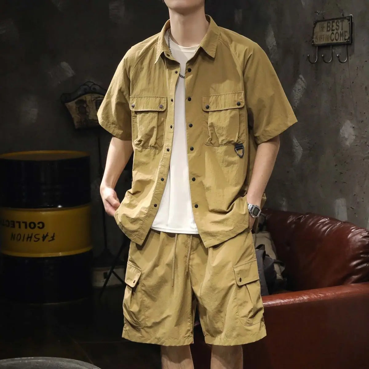 Trendy Cargo Summer Clothes Set Men Short Sleeve Shirt with Pockets And Shorts Solid Casual Safari Outdoor Outfits