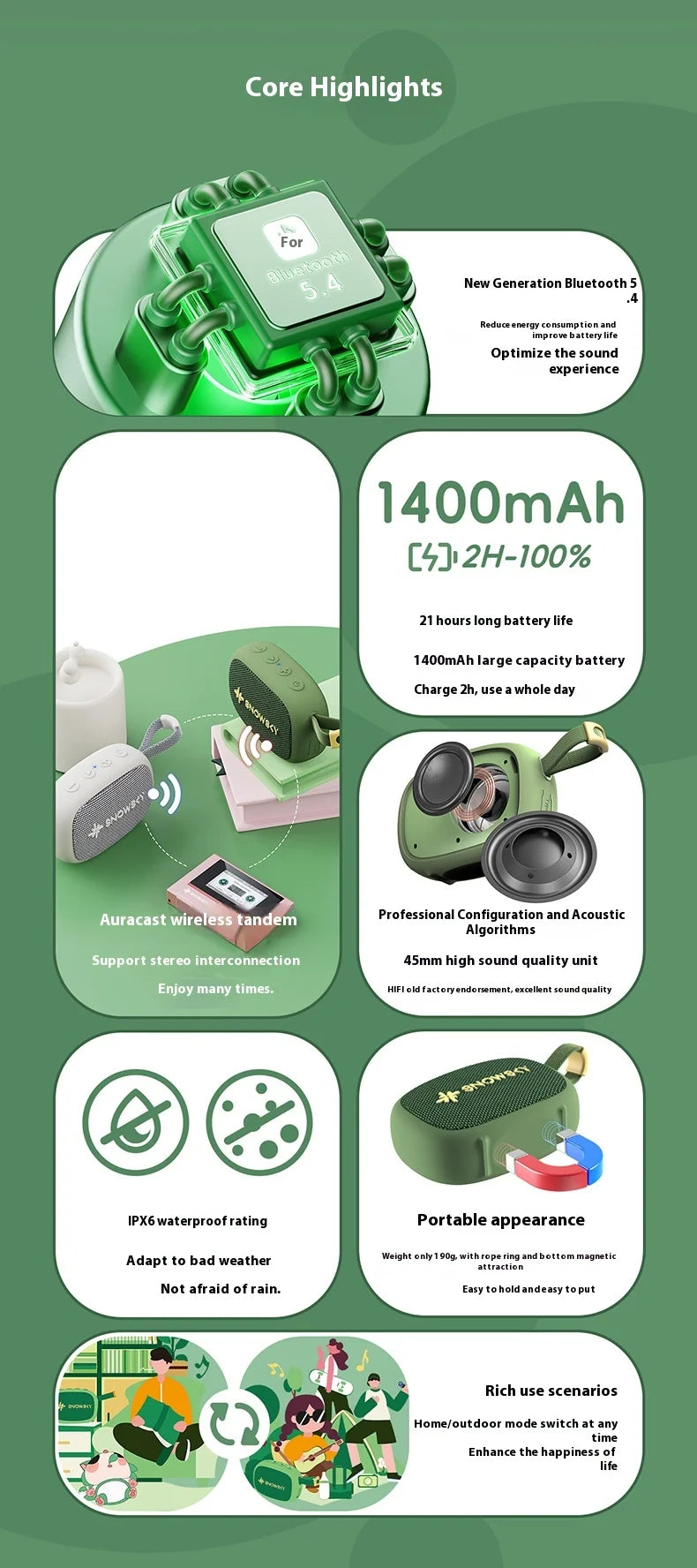 FiiO SnowSky Anywhere Protable Bluetooth Speaker IPX6 Waterproof 45mm Loudspeaker 1400mAh Mini Bluetooth Speaker Outdoor Hiking
