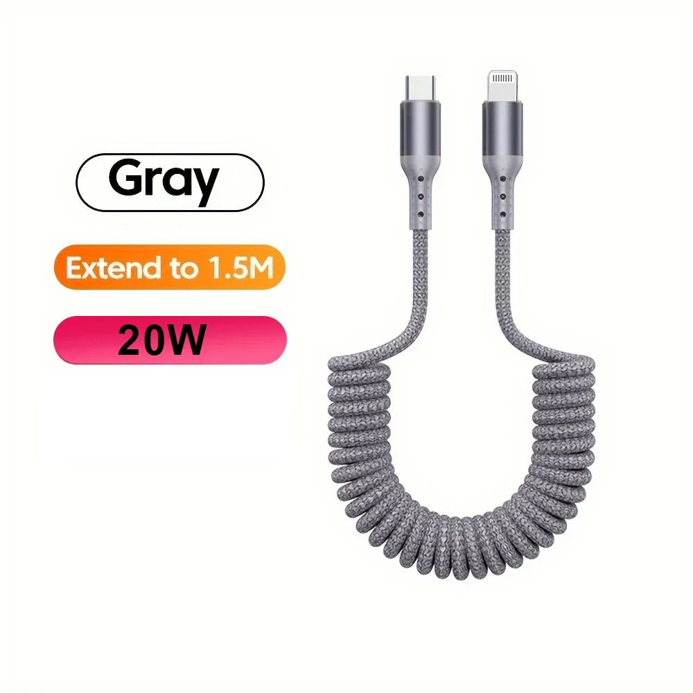 Spring Car Charger Cord 3A Fast Charging USB Cable For iPhone 14 11 12 13 Pro X XS Max 6 7 8 Plus SE iPad Data Wire