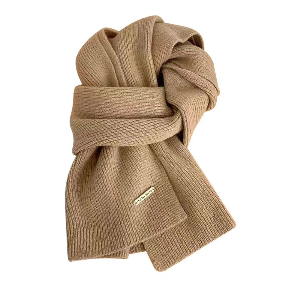 New Korean Style Thick Warm Metal Logo Long Scarf Winter Knitted Solid Color Womens Scarf