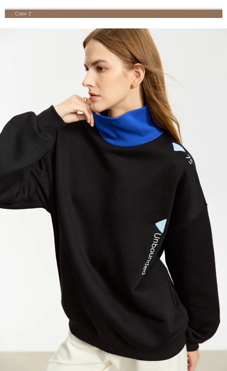AMII Minimalist Preppy Style Embroidery Sweatshirt Women 2024 Autumn Lazy Loose Spliced Turtleneck Velvet Pullovers 12333011