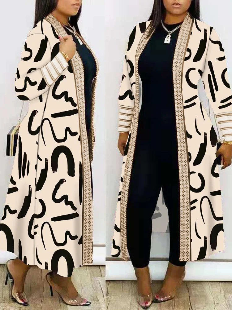 V Neck Casual Loose Female Print Long Outerwear Vintage Patchwork Streetwear Open Stitch Coats Long Sleeve Office Women Jackets