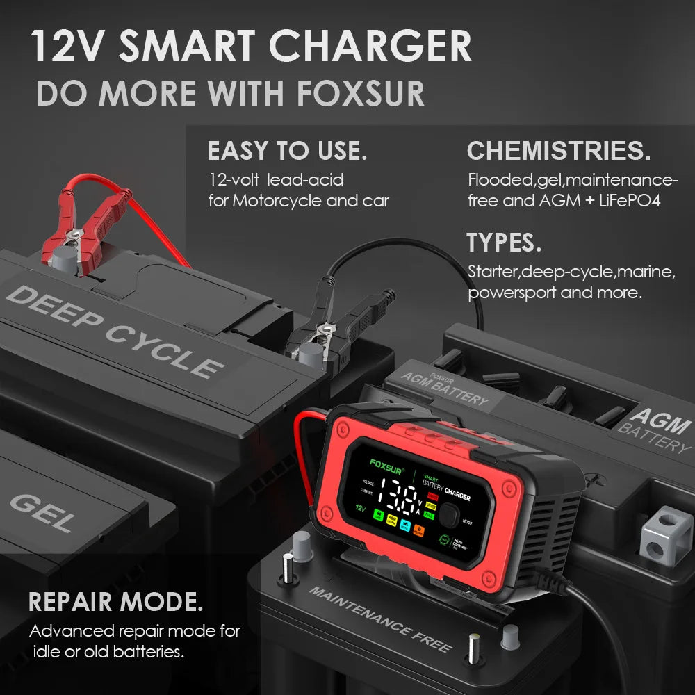 EAFC 12V 7A Car Battery Charger Smart Multiple Protection AGM Lithium Iron Lead-acid Charger for Car SUV RV Motorcycle Truck