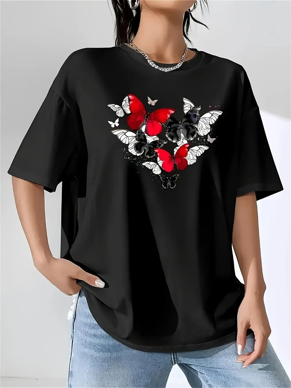 Women's Red Butterfly Heart Print T-Shirt Short Sleeve Round Neck Casual Top for Spring Summer & All-Season Wear