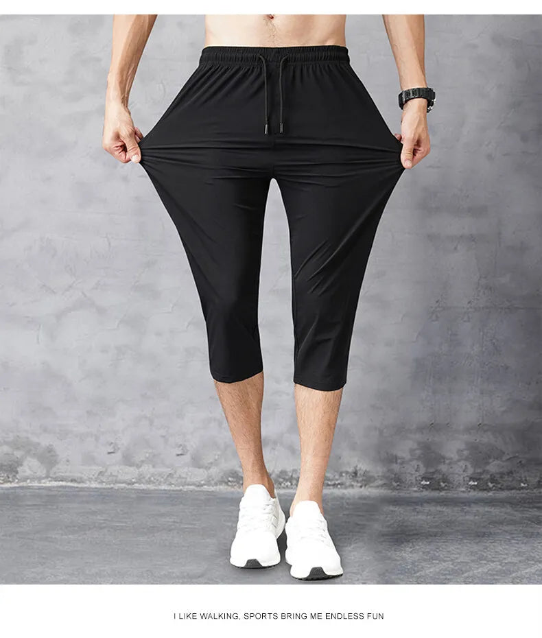 8XL 3/4 Length Men's Shorts Quick Drying Ice Silk Sport Shorts Summer Breeches Long Calf Bermuda Board Beach Elastic Big Size