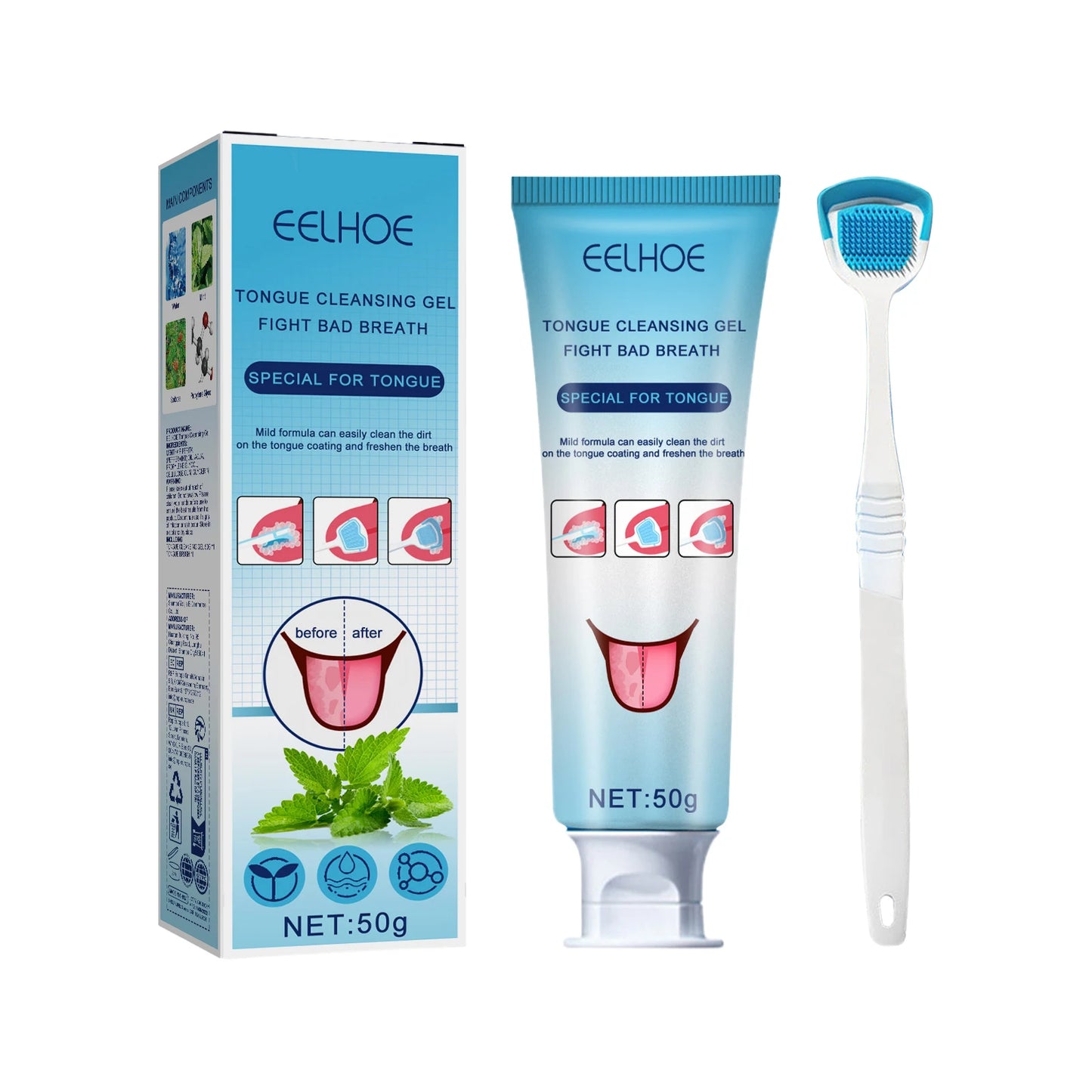 EELHOE Tongue Cleaning Gel with Brush Oral Care Removal Odor Health Fresh Breath Care Dental Hygiene Tools Coating Cleaning Kit