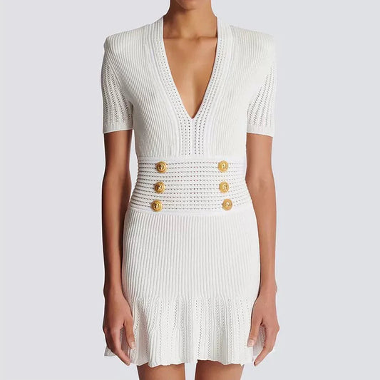 Spring And Summer New Fashionable Knitted Elastic Solid Color Short Sleeved Double Breasted Slim Fit Fishtail Women's Dress