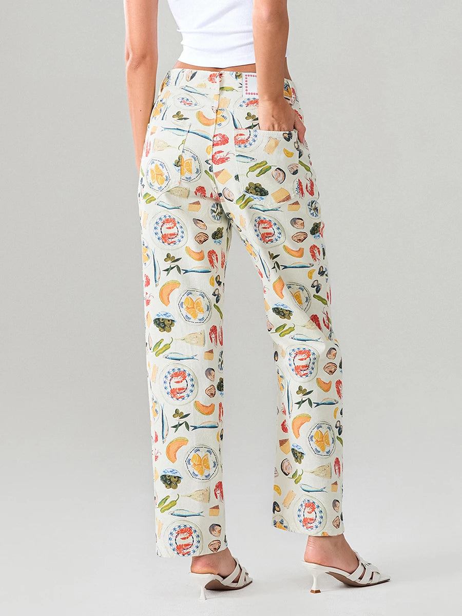 Women Y2k Fruit Print Jeans Pants Graphic Print High Neck Straight Leg Denim Pants Aesthetic Jeans Summer Streetwear