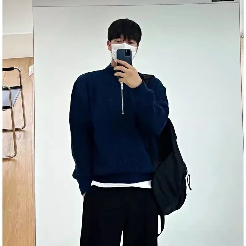 American Fashion Brand Design Korean Style Stand Collar Half Zipper Sweater Men's Temperament Versatile Knitted Sweater
