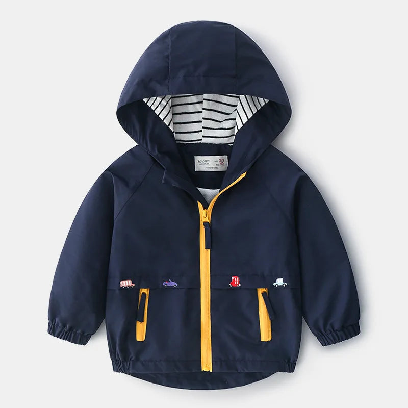 1 2 3 4 5 6 Years Spring Autumn Boys Coats Patchwork Cartoon Car Pattern Hooded Windbreaker Leisure Overcoat For Kids