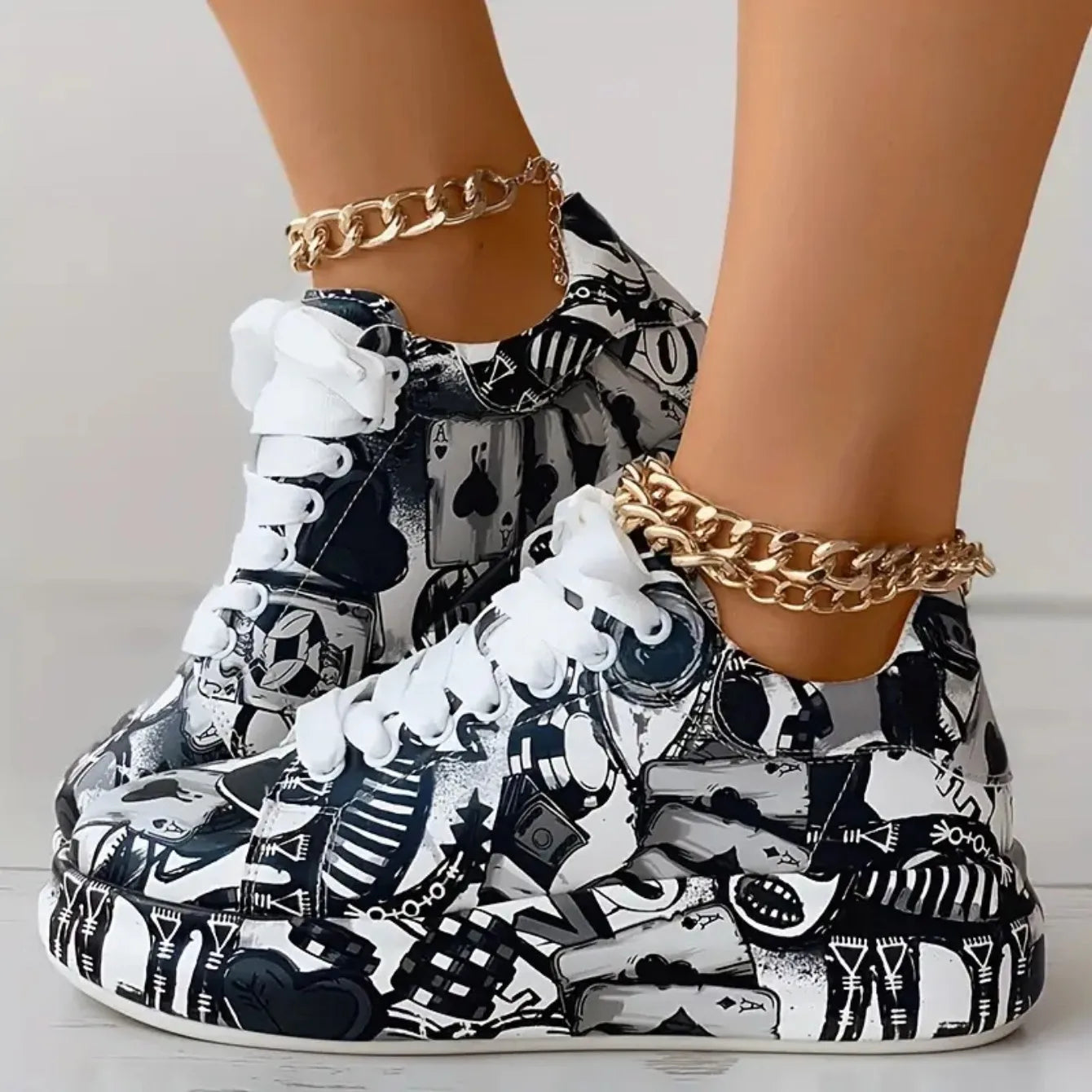 Women Sneakers Thick-soled Shoes 2024 New Summer Hand-painted Graffiti Shoes Outdoor Casual Women Sneakers Zapatos De Mujer