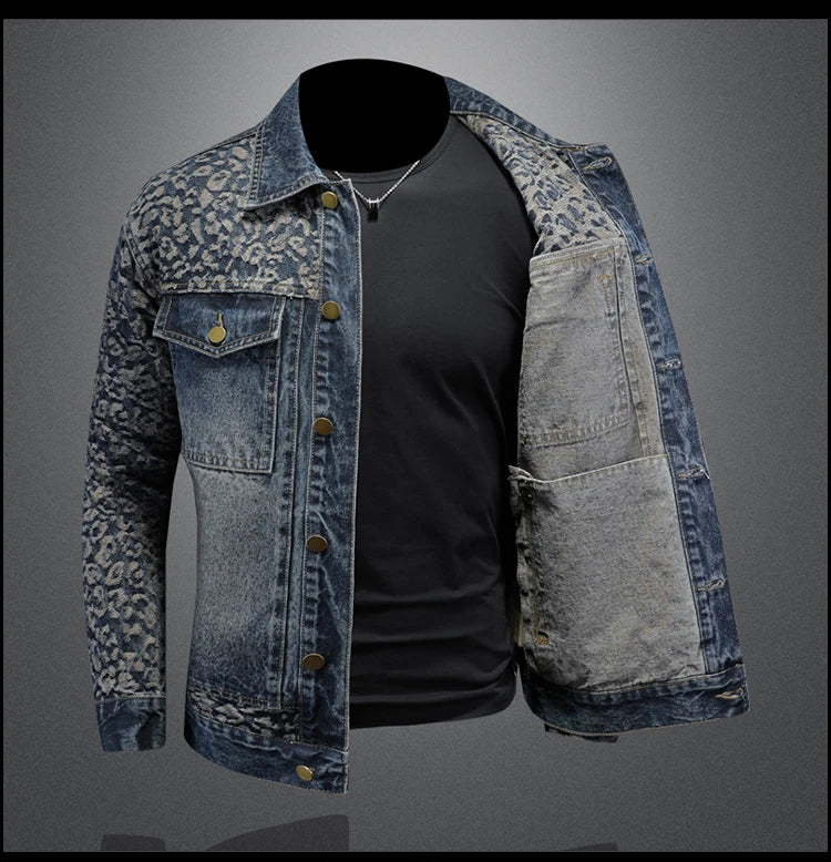 High Quality Jacquard Spliced Denim Jacket for Men Casual Business Social Denim Social Streetwear Jacket Outwear Coat 2025