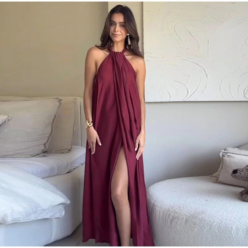 Fashion Women' S Long Dresses Halter Elegant Backless Sleeveless Split Dress Female Summer New Lady Beach Vacation Robes