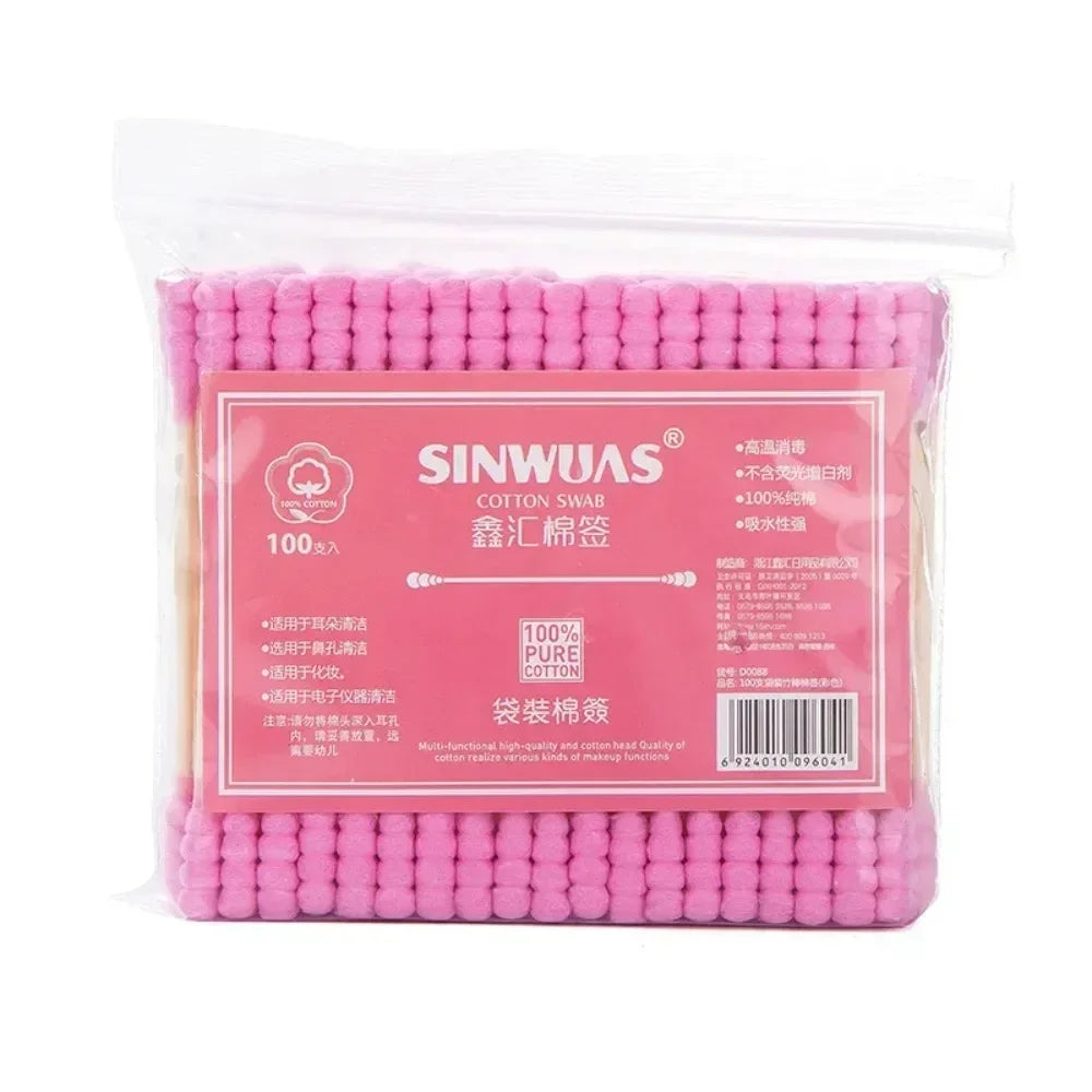100-300Pcs Pink Double Head Cotton Swab Sticks Cotton Buds Tip for Medical Nose Ears Cleaning Accessories Female Make Up Remover