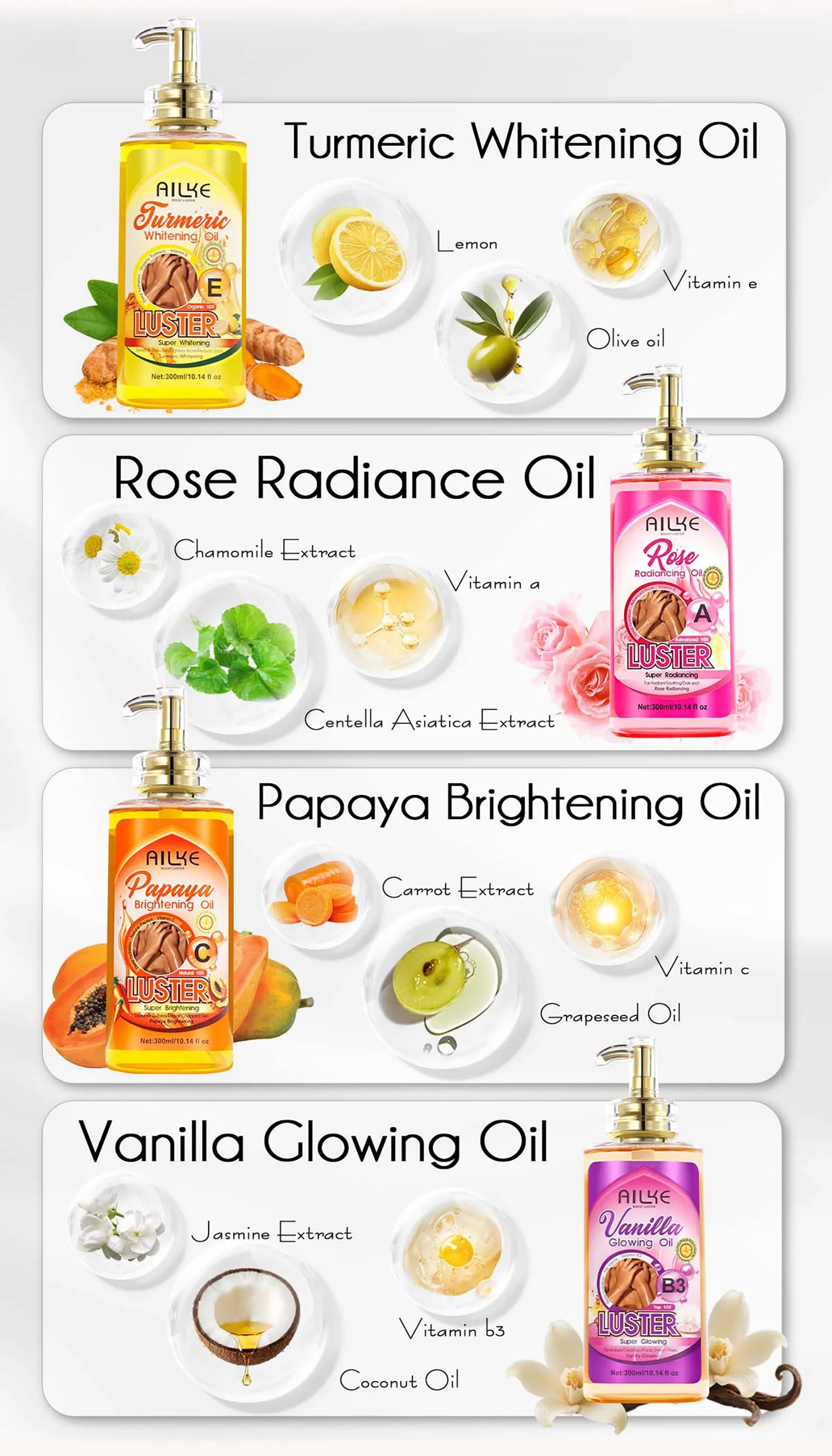 AILKE Whitening Body Oil, Moisturizing, Nourishing, Glowing, Brighten, Smooth Skin, Reduce Dark Spots, For All Skin Types, 300ml