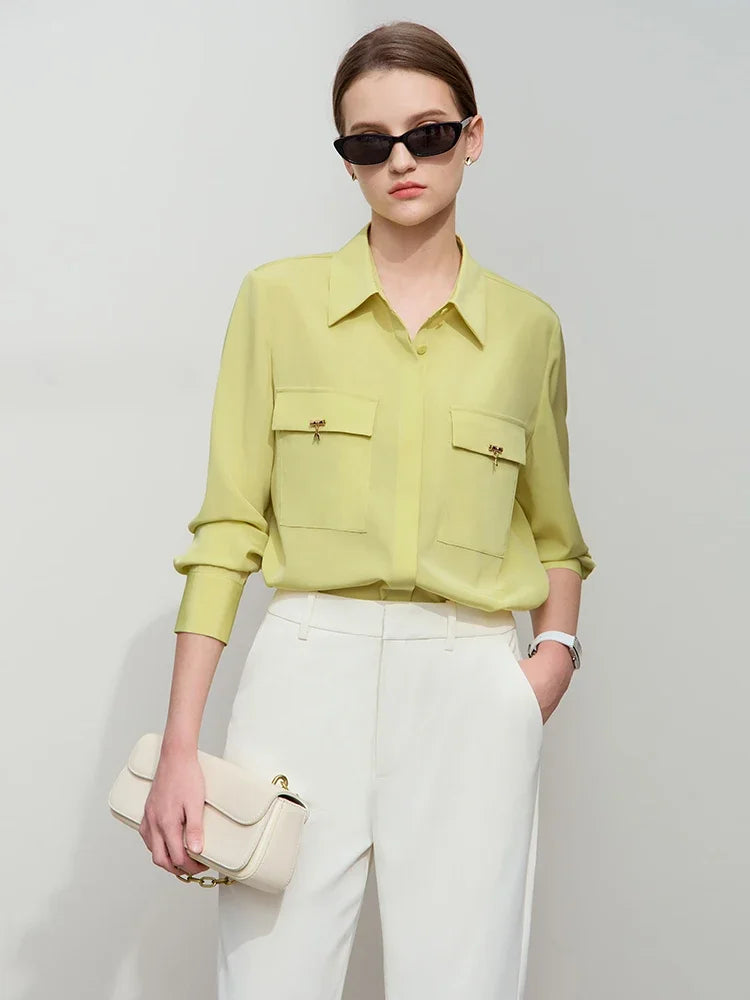 AMII Minimalist Chiffon Shirt Women 2025 Spring New Temperament Gentle Lapel Bamboo Work Pocket Concealed Button Tops 12521032