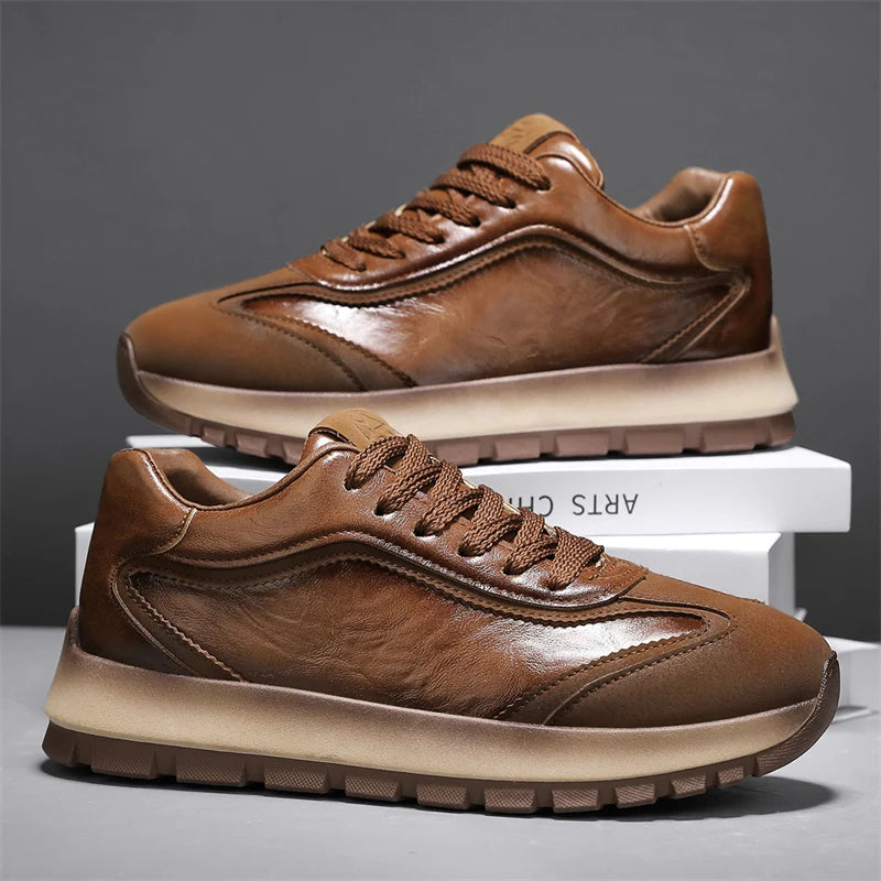 Classic Leather Casual Sneakers Men Comfortable Men's Spring Autumn Sneakers Platform Shoes Lace Up Brown Black Footwear 2025
