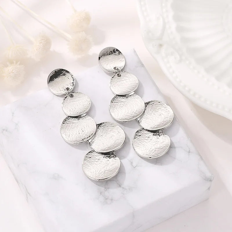 European Exaggerate Metal Statement Earrings for Women Vintage Fashion Round Star Leaf Irregular Geometry Long Earrings Jewelry