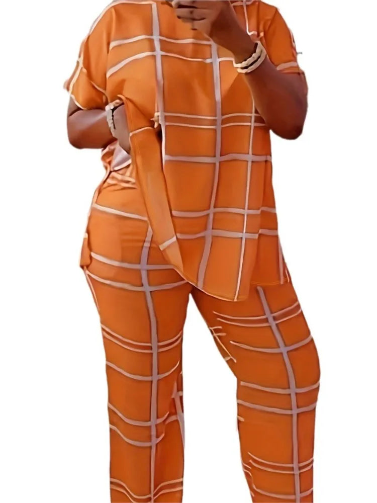 Spring Autumn New Women's Fashion Elements Striped Grid Printed Casual Round Neck Large Comfortable Two Piece Set