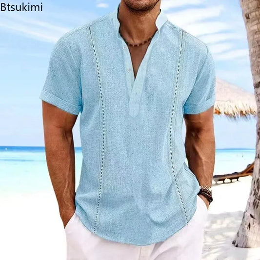 Men's Fashion Beach Holiday Shirts Summer Short Sleeve Cotton Linen T-shirt Comfort Breathable Casual Simple Lapel Tops for Men