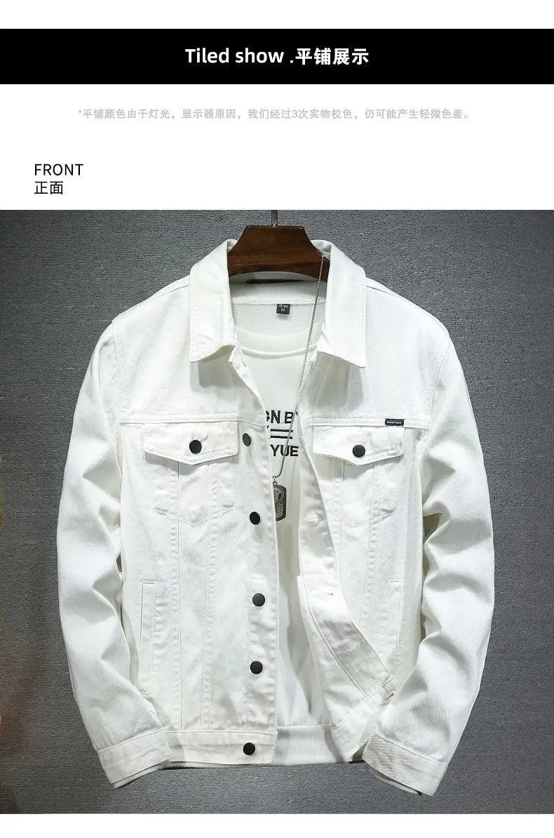 2024 Spring Men Solid Lapel Denim Jackets Fashion Motorcycle Jeans Jackets Hommes Slim Fit Cotton Casual Black White Coats
